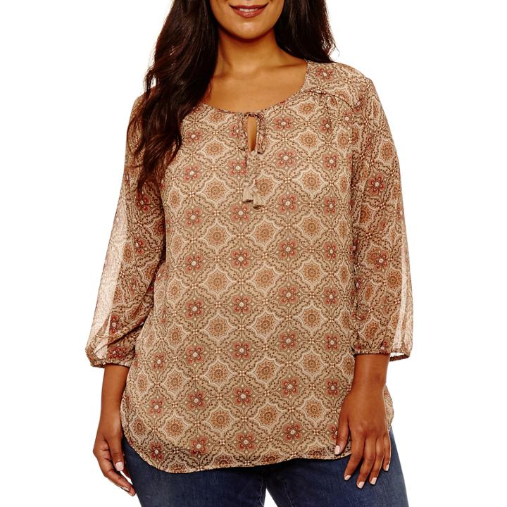 St. John's Bay 3/4 Sleeve Tie Neck Blouse-plus