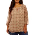 St. John's Bay 3/4 Sleeve Tie Neck Blouse-plus
