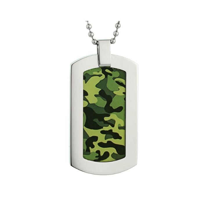 Mens Stainless Steel And Camouflage Dog Tag Pendant Necklace