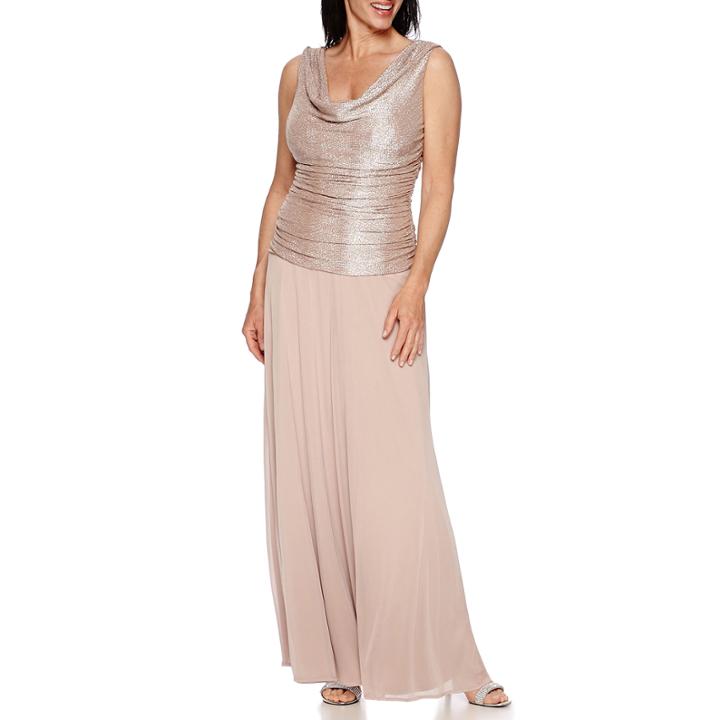 R & M Richards Sleeveless Crinkled Metallic Formal Gown