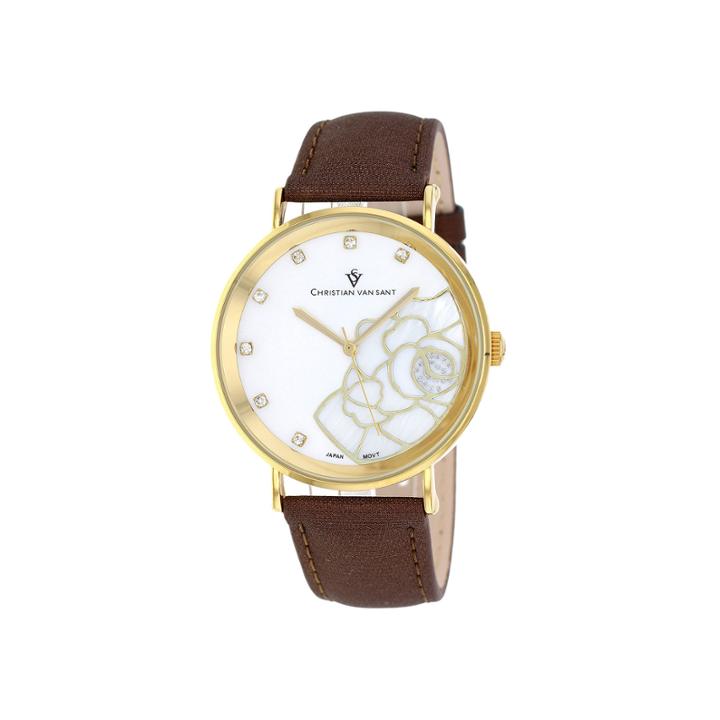 Christian Van Sant Fleur Womens Mother-of-pearl Brown Leather Bracelet Watch