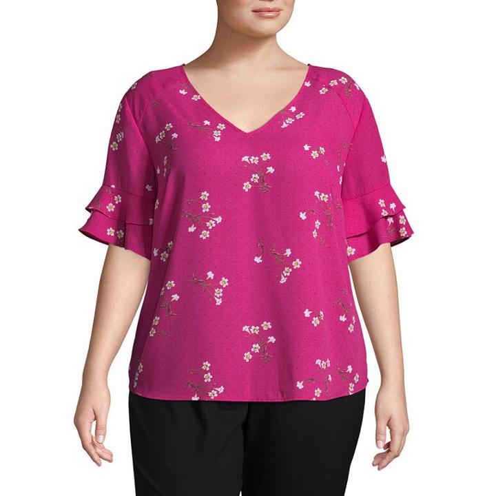 Worthington Ruffle Sleeve V Neck Blouse - Plus