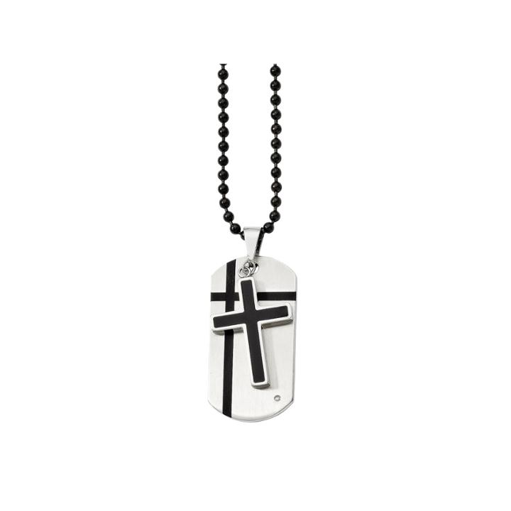 Mens Cubic Zirconia Stainless Steel & Black Enamel Cross Dog Tag Pendant