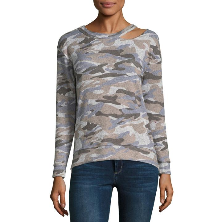 Derek Heart Not Applicable Long Sleeve Crew Neck Camouflage Pullover Sweater-juniors