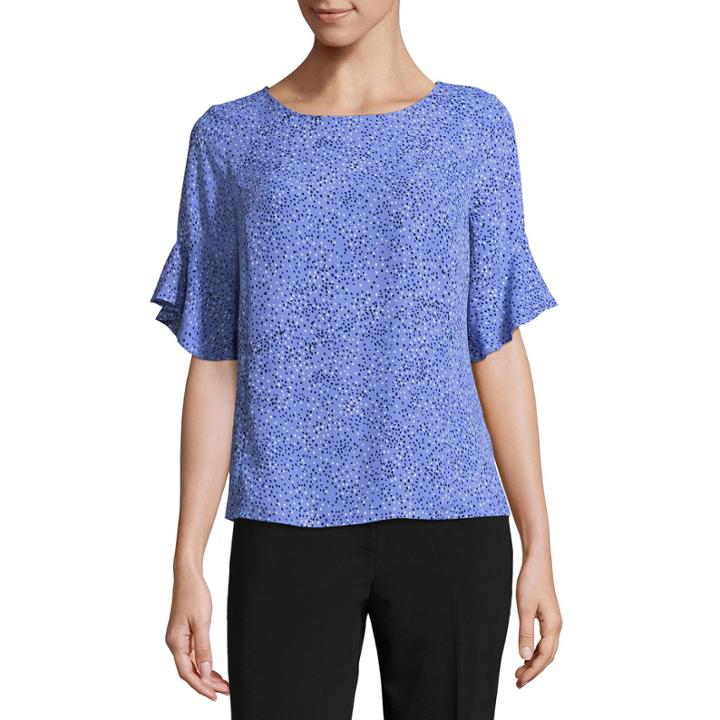 Liz Claiborne Ruffle Sleeve Round Neck Woven Floral Blouse