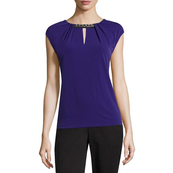 Liz Claiborne Cap Sleeve Beaded Keyhold Blouse