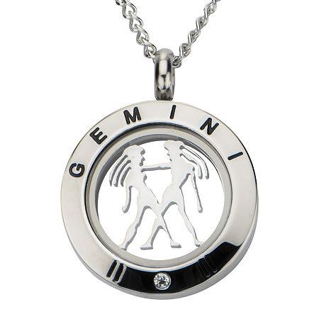 Gemini Zodiac Cubic Zirconia Stainless Steel Locket Pendant Necklace