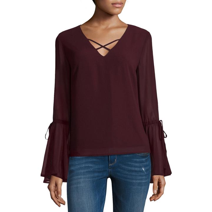 Heart N Soul Long Sleeve V Neck Chiffon Blouse-juniors