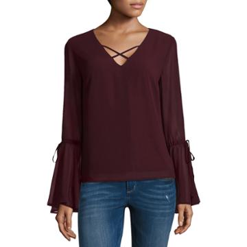Heart N Soul Long Sleeve V Neck Chiffon Blouse-juniors