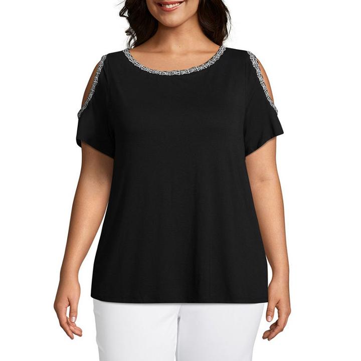 Liz Claiborne Embroidered Cold Shoulder Top- Plus