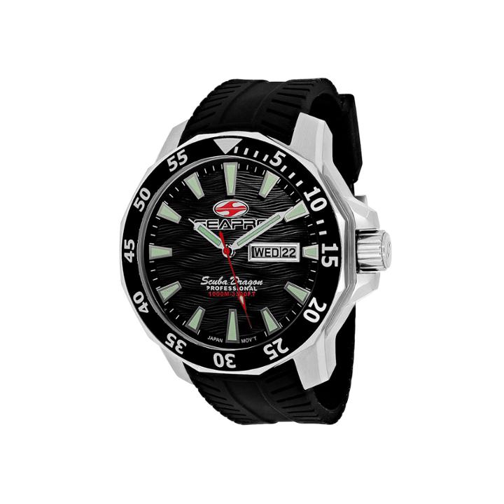 Seapro Scuba Dragon Diver Mens Black Dial Black Silicone Strap Watch