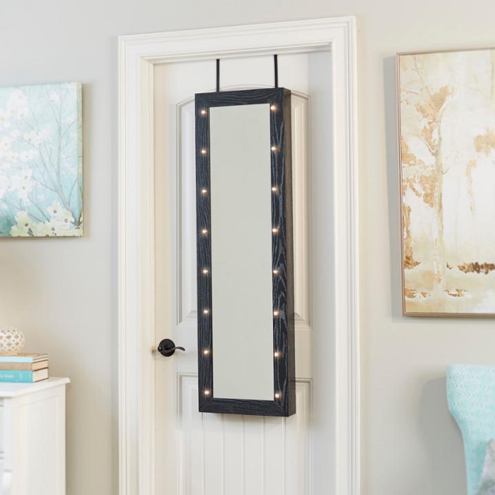 Weathered Black Mirrored Jewelry Armoire With Led Lights