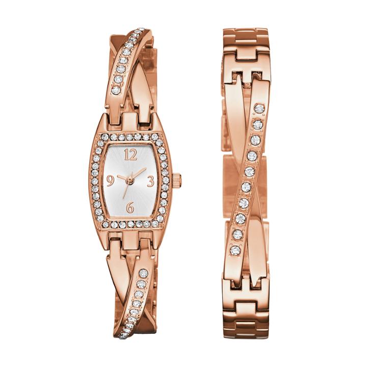 Geneva Womens Rose Gold-tone Bangle Watch Boxed Set