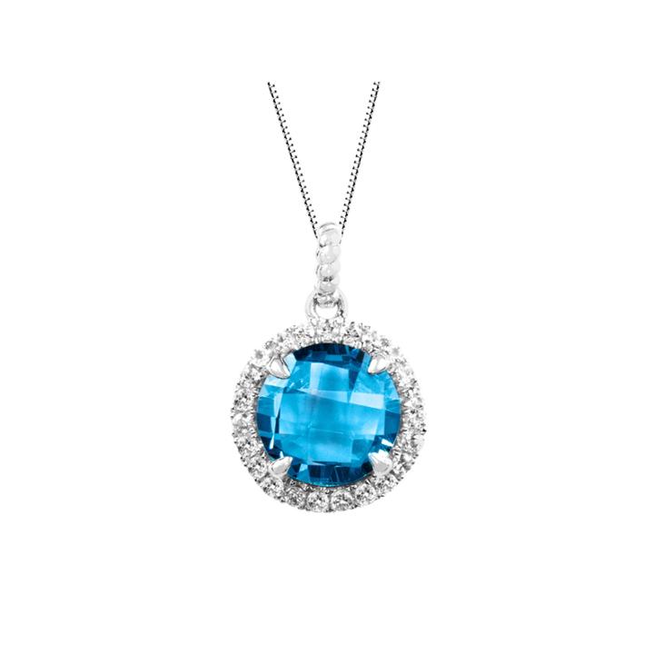 Genuine Blue Topaz Sterling Silver Cushion Halo Pendant Necklace