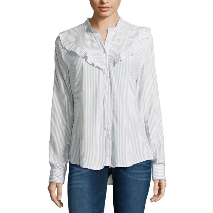 Almost Famous Long Sleeve Rayon Stripe Blouse-juniors