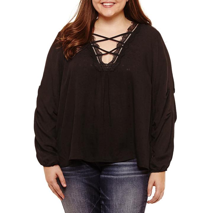 Self Esteem Long Sleeve V Neck Woven Lace Up Blouse-juniors Plus