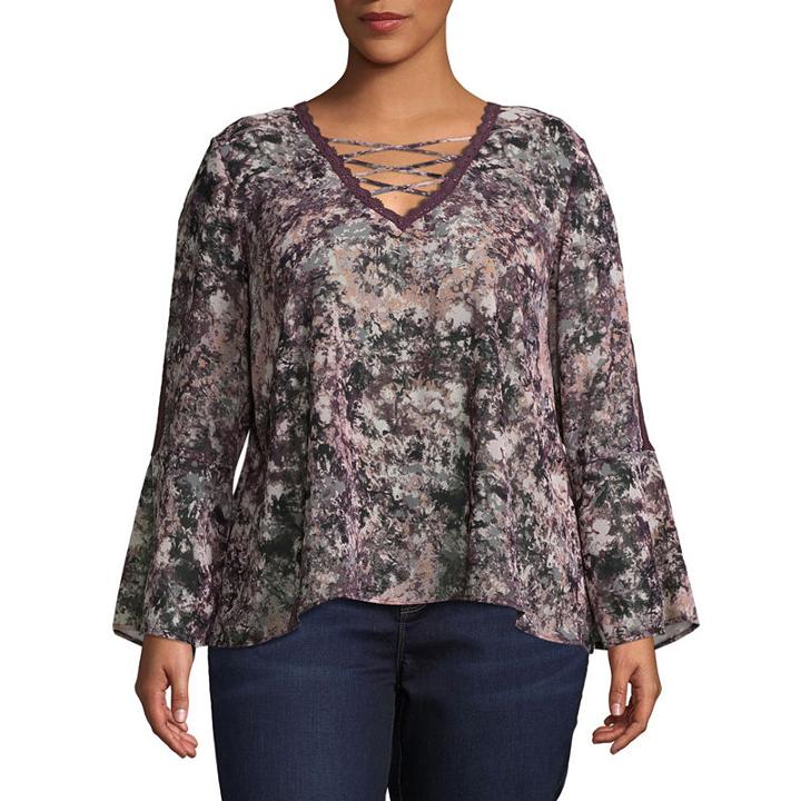 Self Esteem Long Sleeve V Neck Crepe Lace Blouse-juniors Plus