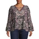 Self Esteem Long Sleeve V Neck Crepe Lace Blouse-juniors Plus