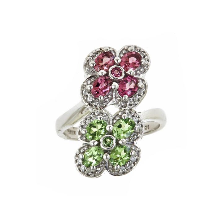 Limited Quantities Genuine Tsavorite And Pink Tourmaline Double Flower Ring