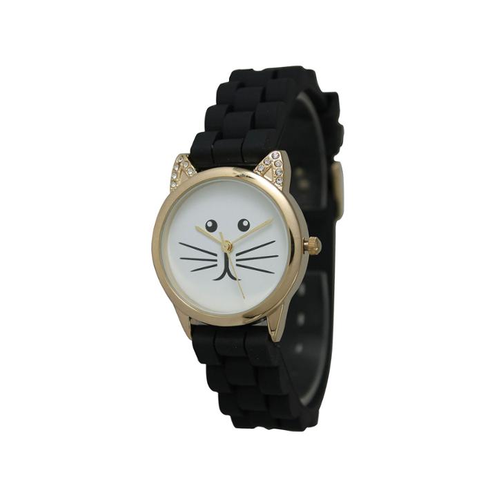 Olivia Pratt Womens Gold-tone White With Black Cat Face Dial With Black Silicone Strap Watch 13586