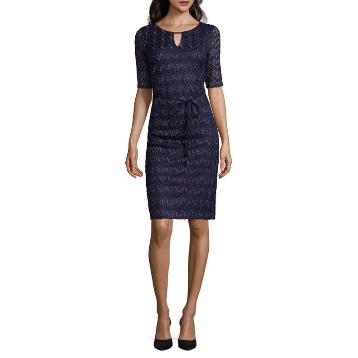 Studio 1 Elbow-sleeve Belted Crochet Shift Dress