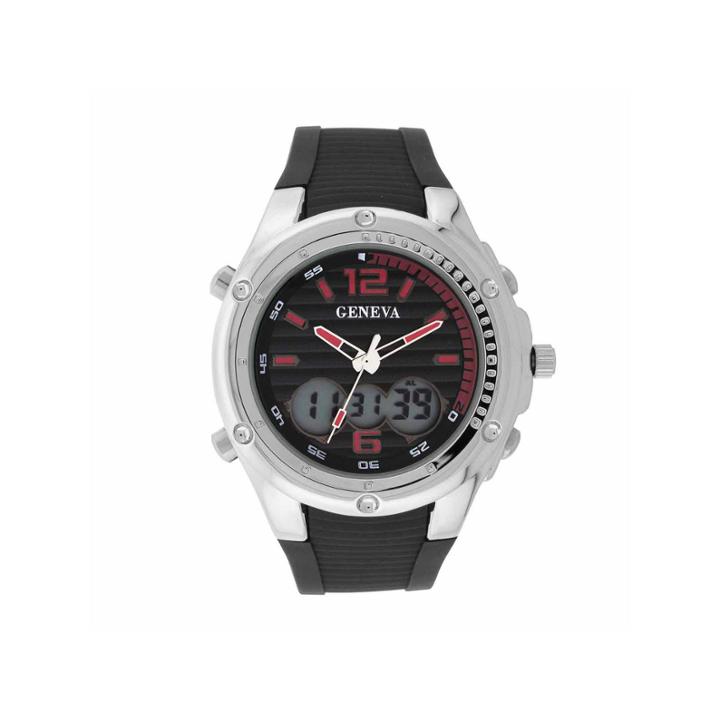 Geneva Mens Black And Silver-tone Strap Watch