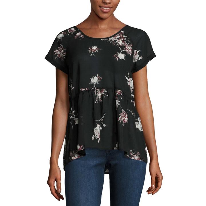 Rewind Short Sleeve Round Neck Georgette Floral Blouse-juniors