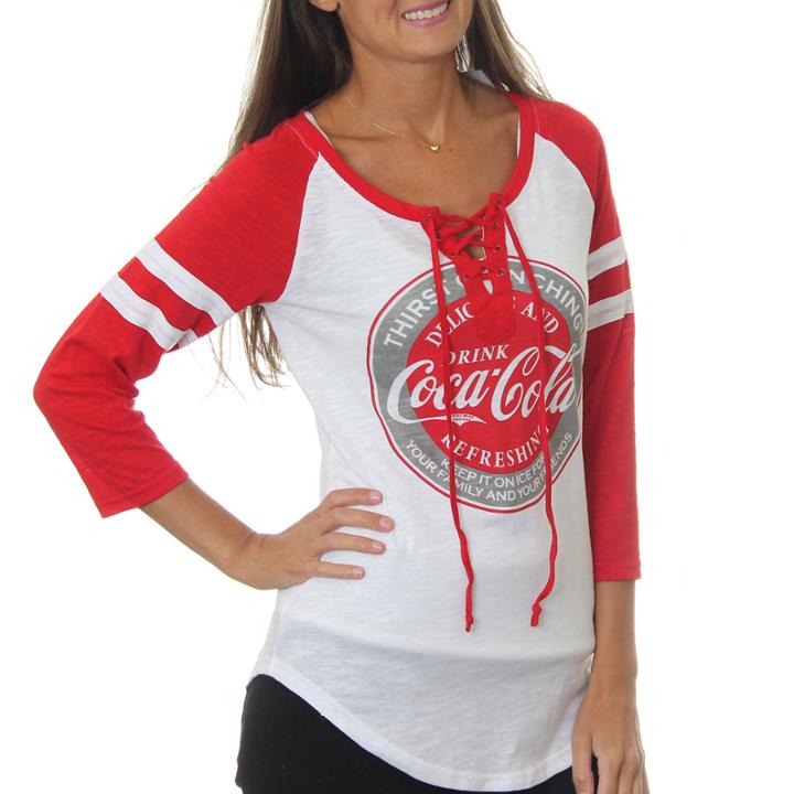 Coca-cola Juniors' Thirst Quenching Logo Lace-upgraphic Raglan T-shirt With Flocking