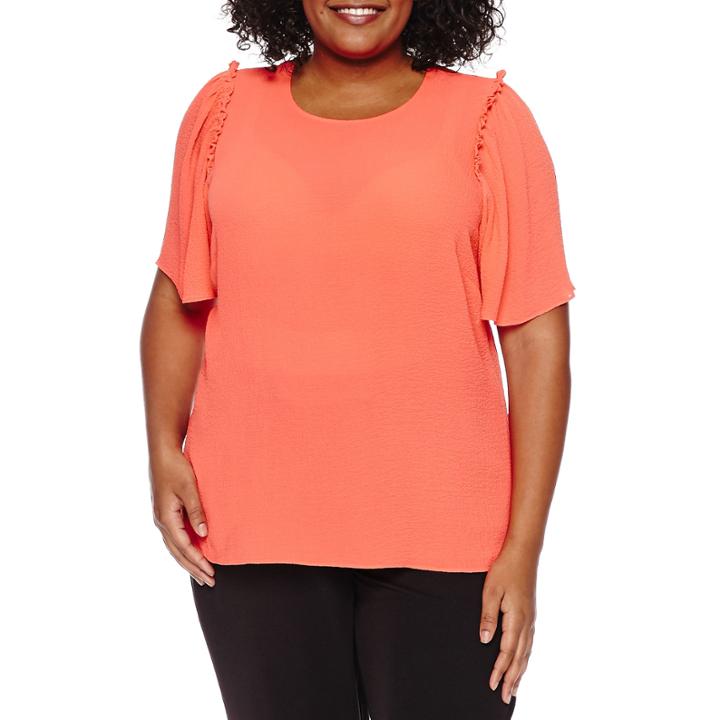 Worthington Short Flutter Sleeve Crepe Blouse - Plus