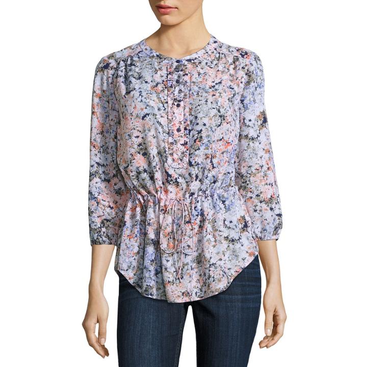 Liz Claiborne 3/4 Sleeve Split Crew Neck Woven Blouse