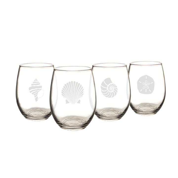 Cathy's Concepts Set Of 4 Seashell Stemless Wine Glasses