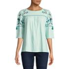 St. John's Bay Embroidered Elbow Sleeve Ruffled Sleeve Peasant Top