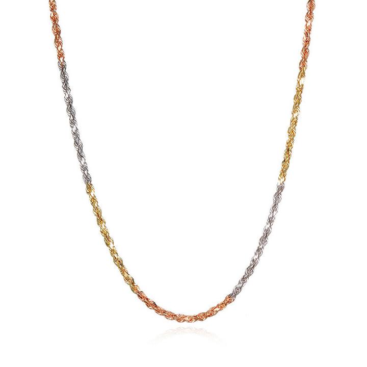 14k Tri-color Gold Hollow Rope 18 Inch Chain Necklace