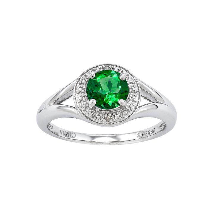 Womens Diamond Accent Green Emerald Sterling Silver Halo Ring