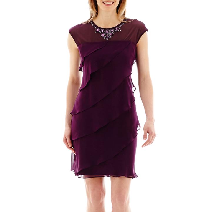 Sl Fashions Cap-sleeve Jeweled-neck Asymmetrical Tiered Dress