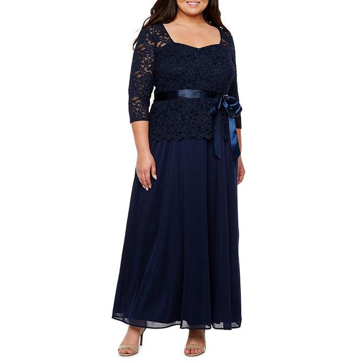 Onyx Nites 3/4 Sleeve Lace Top Evening Gown - Plus