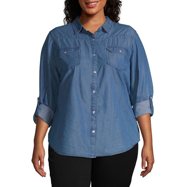 Boutique + Chambray Button-down Shirt - Plus
