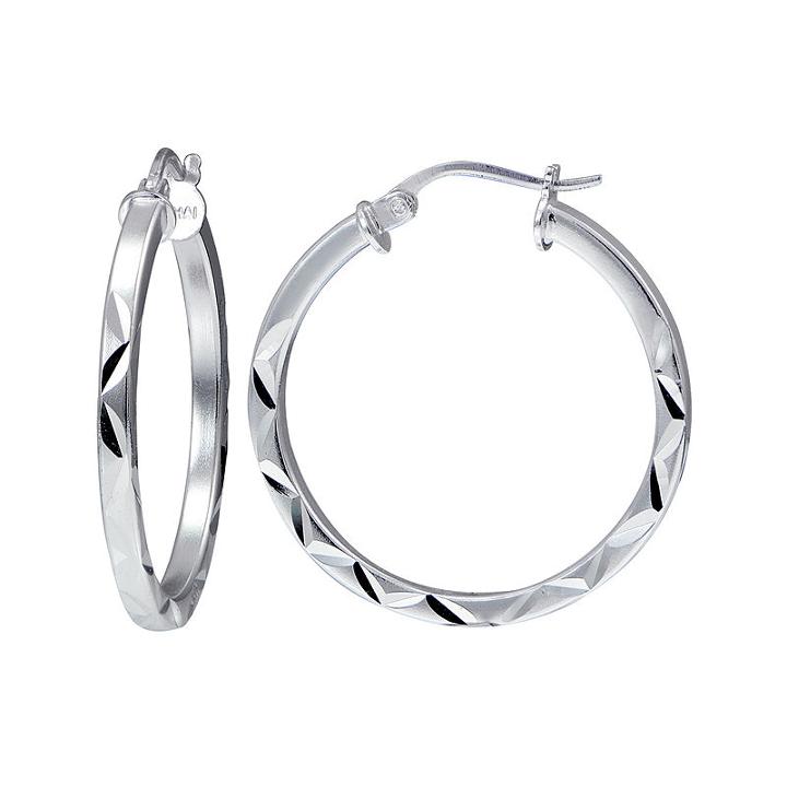Sterling Silver 25mm Diamond-cut Square Tube Hoop Earrings