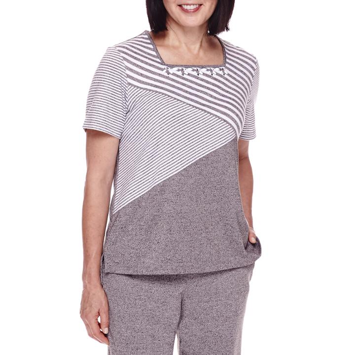 Alfred Dunner Acadia Short-sleeve Spliced Striped Top