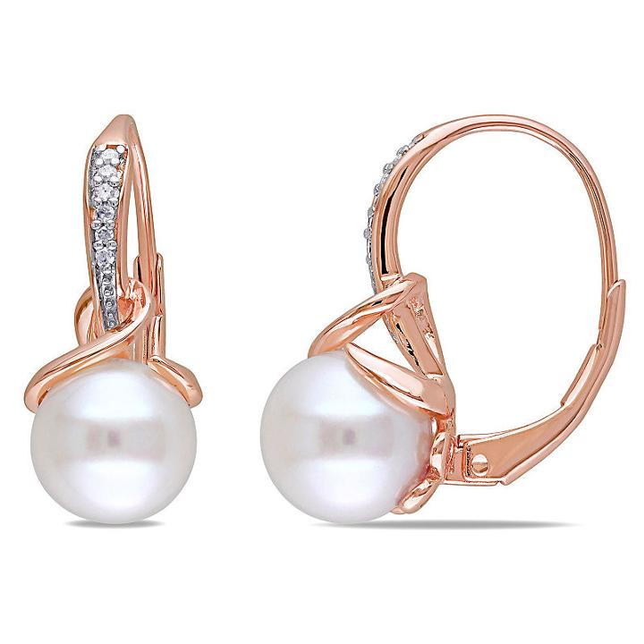Diamond Accent White Pearl 18k Rose Gold Over Silver Drop Earrings