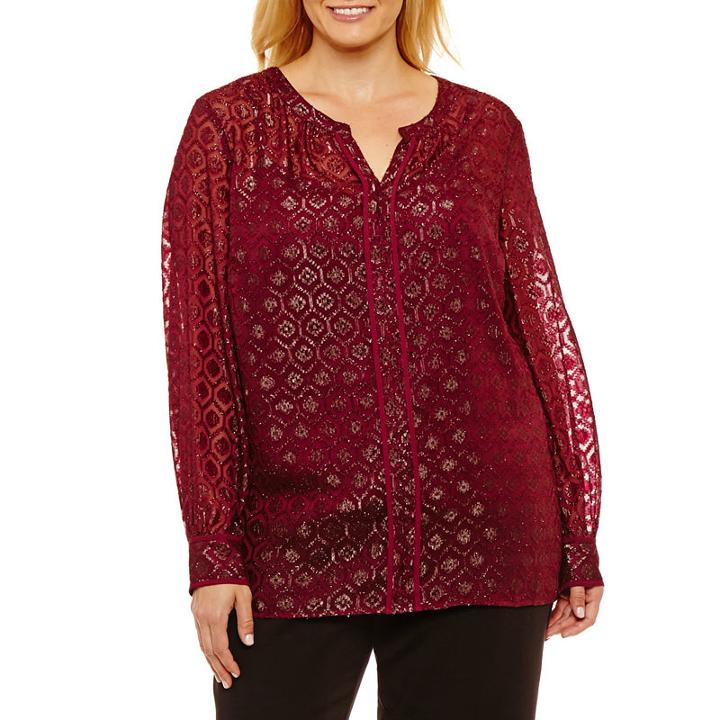 Liz Claiborne Long Sleeve Split Crew Neck Woven Blouse- Plus