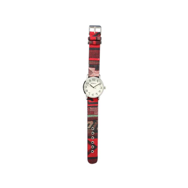 Olivia Pratt Womens Silver-tone Faux Mop Dial Red Patterned Fabric Strap Watch 10352tr