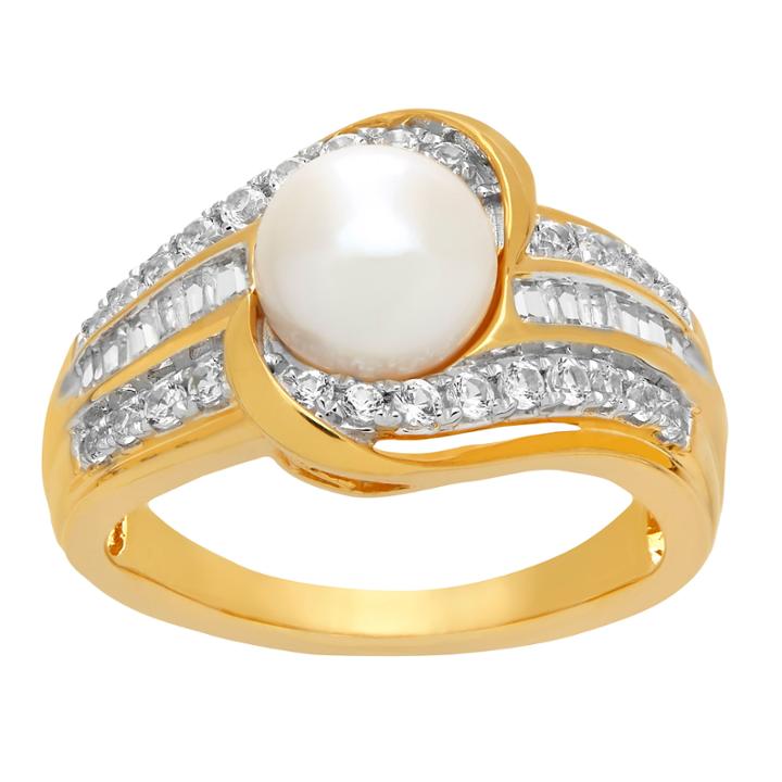 Womens Genuine White Pearl Gold Over Silver Cocktail Ring