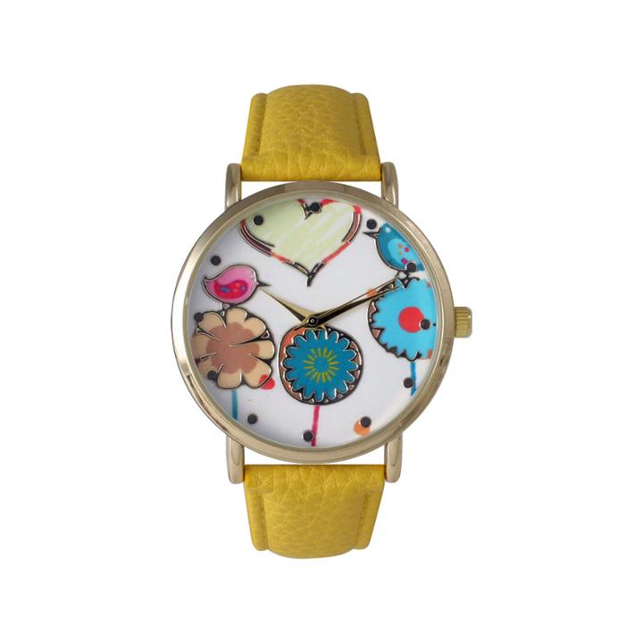 Olivia Pratt Womens Multicolor Heart, Birds And Flowers Dial Yellow Leather Watch 26362yellow