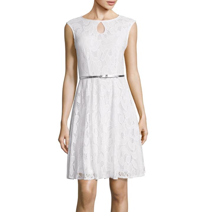 London Style Collection Cap-sleeve Belted Fit-and-flare Dress