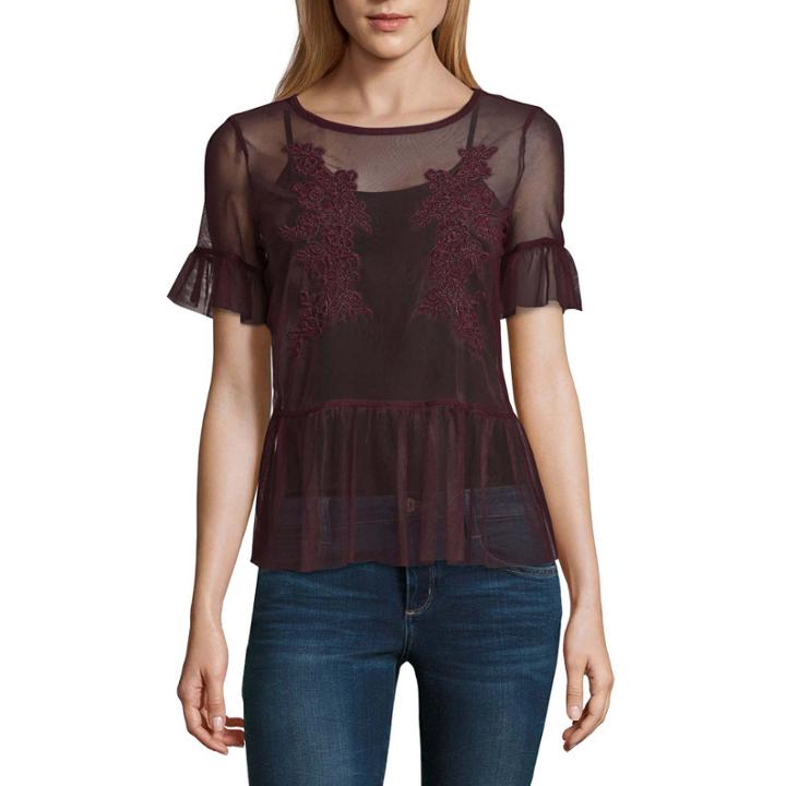 Belle + Sky Lone+lux Short Sleeve Embroidered Mesh Top