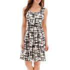 Black Label By Evan-picone Cap-sleeve Print Belted Piqu Fit-and-flare Dress