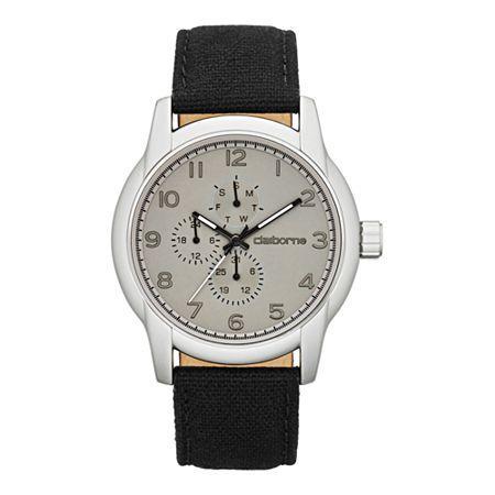 Claiborne Mens Round Dial Multifunction Black Canvas Strap Watch