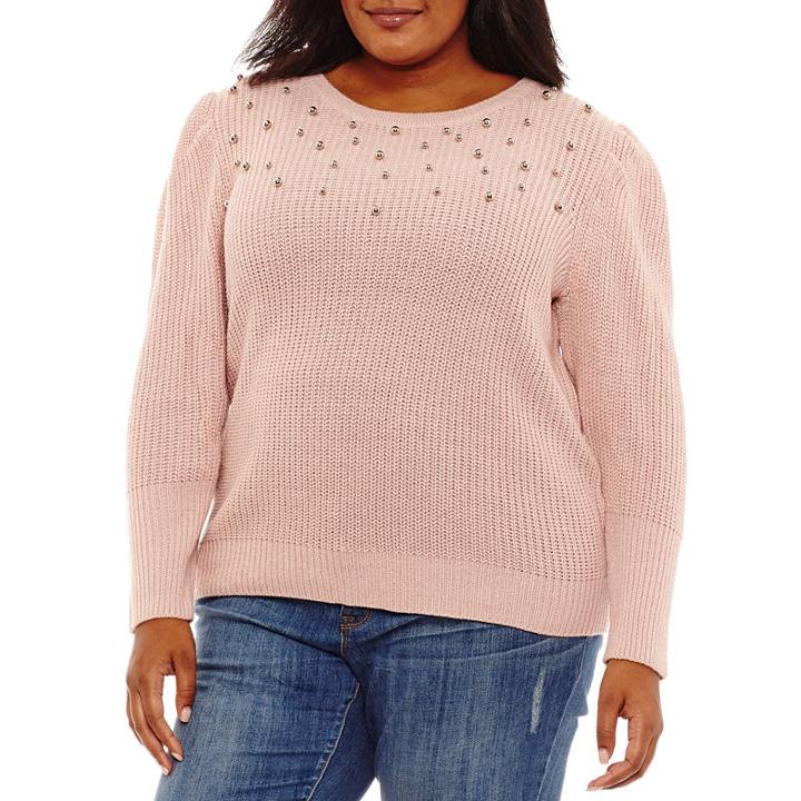 A.n.a Long Sleeve Embellished Pullover Sweater - Plus