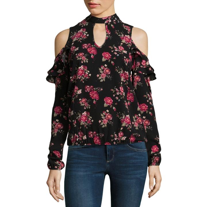 Self Esteem Long Sleeve Mock Neck Woven Floral Blouse-juniors